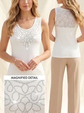 In Joy Clothing White Rhinestone 3D Rosette Mesh Lace Back Tank Top
